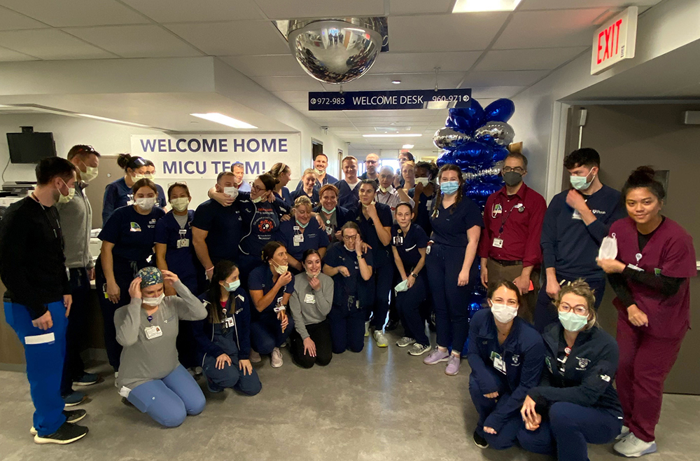 Balloons and signs on Founders 9 to celebrate the Medical Intensive Care Unit (MICU)’s homecoming to a refreshed unit.  